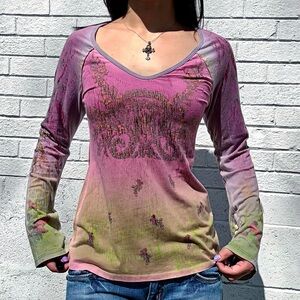 Battery7 Dropout Y2K Graphic Long Sleeve Top Butterfly Print Made in USA S